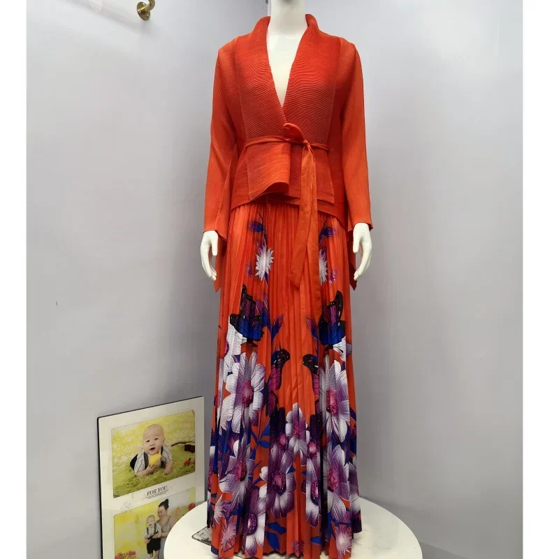 2024 Miyake pleats 2-piece set lapel lace-up waist top + change color high waist versatile skirt set