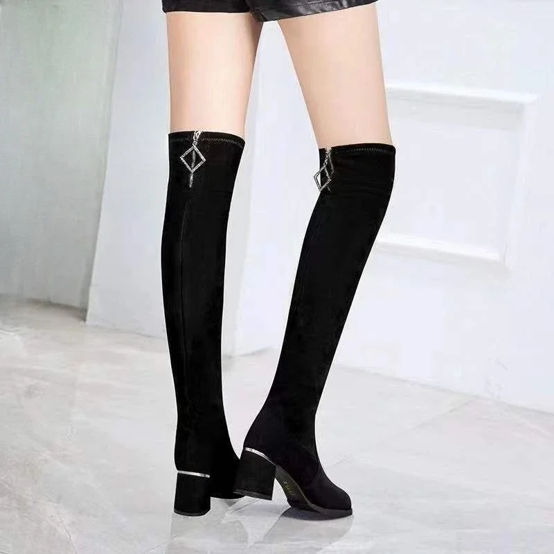 Black Women's 2025 New Over The Knee Boots Suede Leather Chunky Mid Heel Slimming Stretchy Zipper Long Standing Friendly