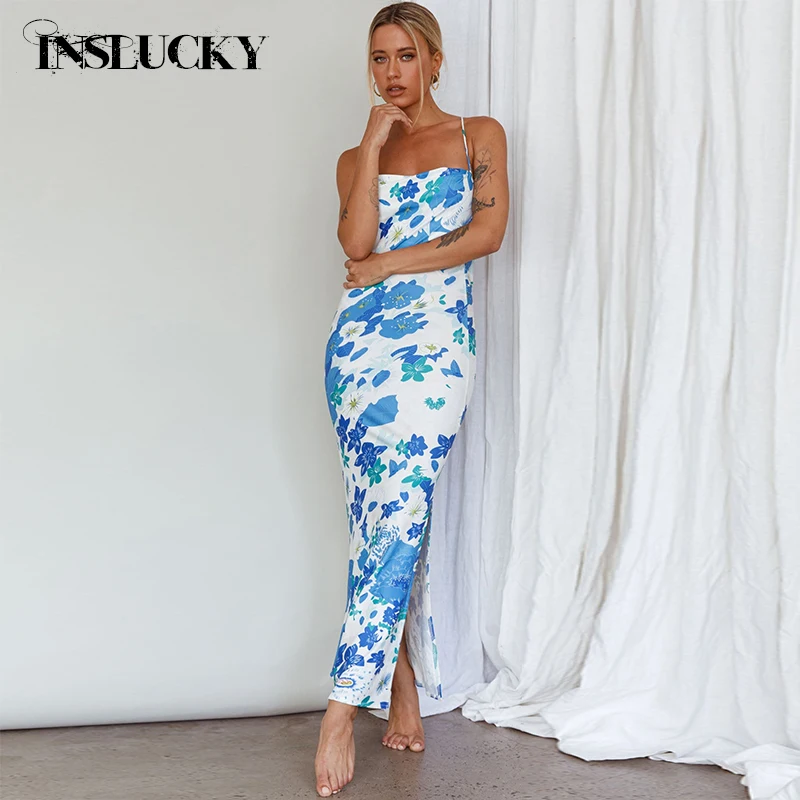 InsLucky Sexy Backless Lace-Up Midi Dress For Women Blue Floral Print Folds Strapless Bohemian Dresses Office Lady Aesthetic