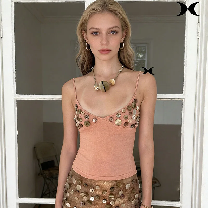 Summer European American Personality Button Decoration Sexy Camisole Vest Spicy Girl Street Slim Fit Short Top Women's clothing