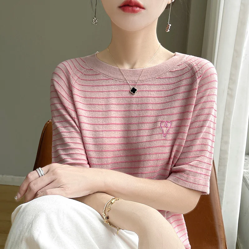 Summer Tencel Thin Short sleeved Women\'s Striped Round Neck Loose Pullover Korean Fashion Casual Silk T-Shirt Top