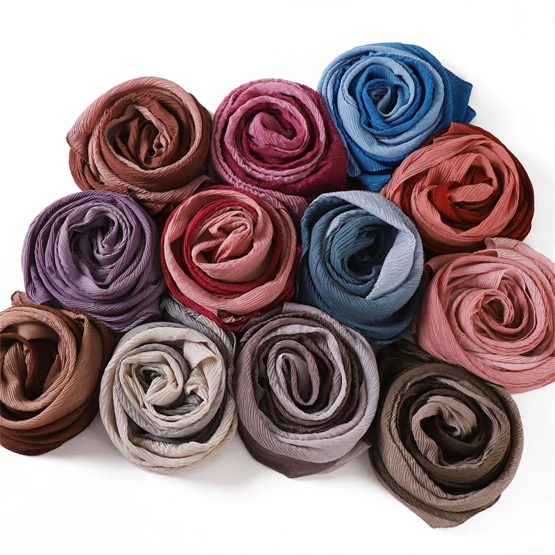 Women Plain Ombre Wrinkle Polyester Shawls Scarf Lady Shimmer Pleated Headband Wrap Solid Crinkle Scarves Muslim Hijab 180*70Cm