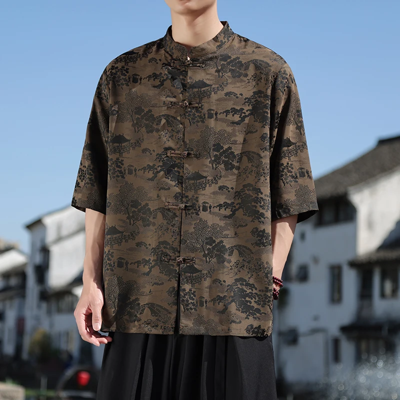 Plus Size Summer Mens Chinese Shirt Ice Silk Vintage Shirt Tang Suit Hanfu Tops Male Vintage Clothing Stand Collar Loose Shirts