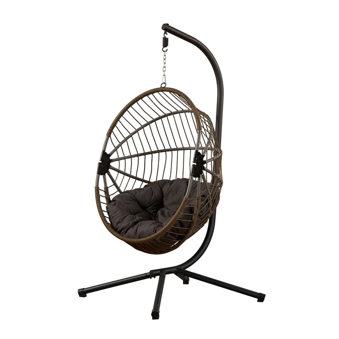 Indoor Outdoor Egg Swing With Stand, Oversized Cocoon-Shaped Rope Woven Hanging Chair Cushion, Safety Strap, Patio Wicker