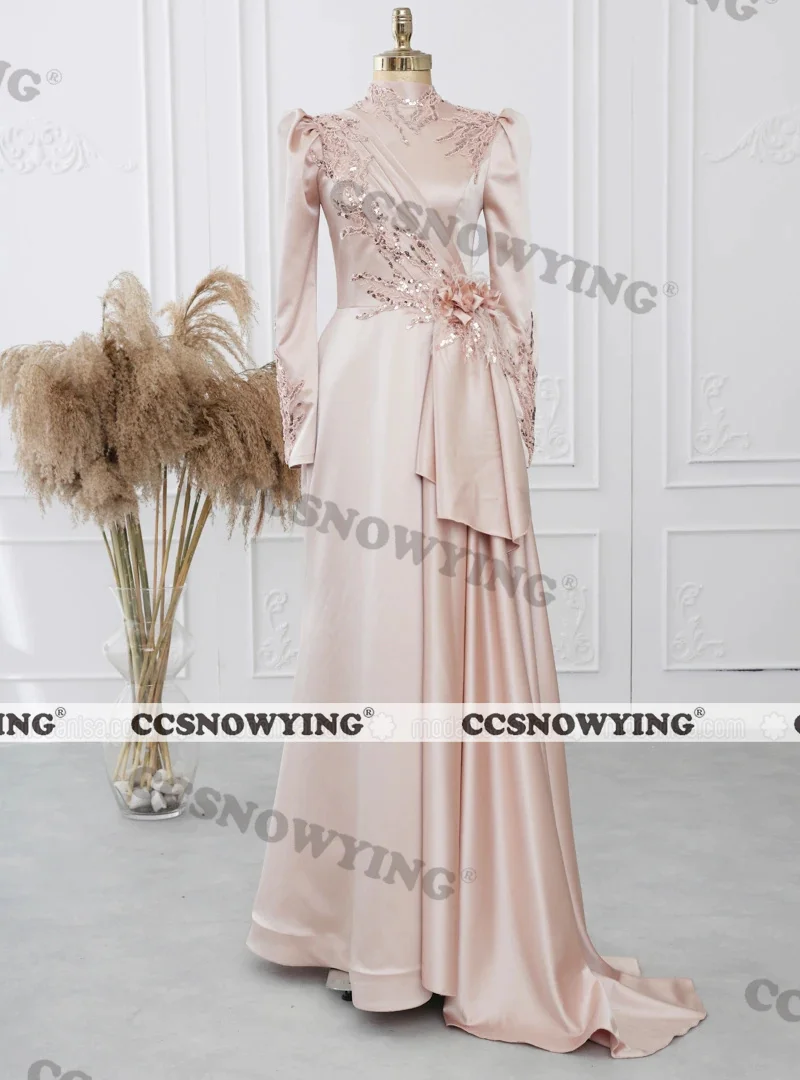 

Appliques Beaded Muslim Evening Dresses Satin Long Sleeve Islamic Hijab Formal Party Gown Arabic Dubai Women Moroccan Caftan