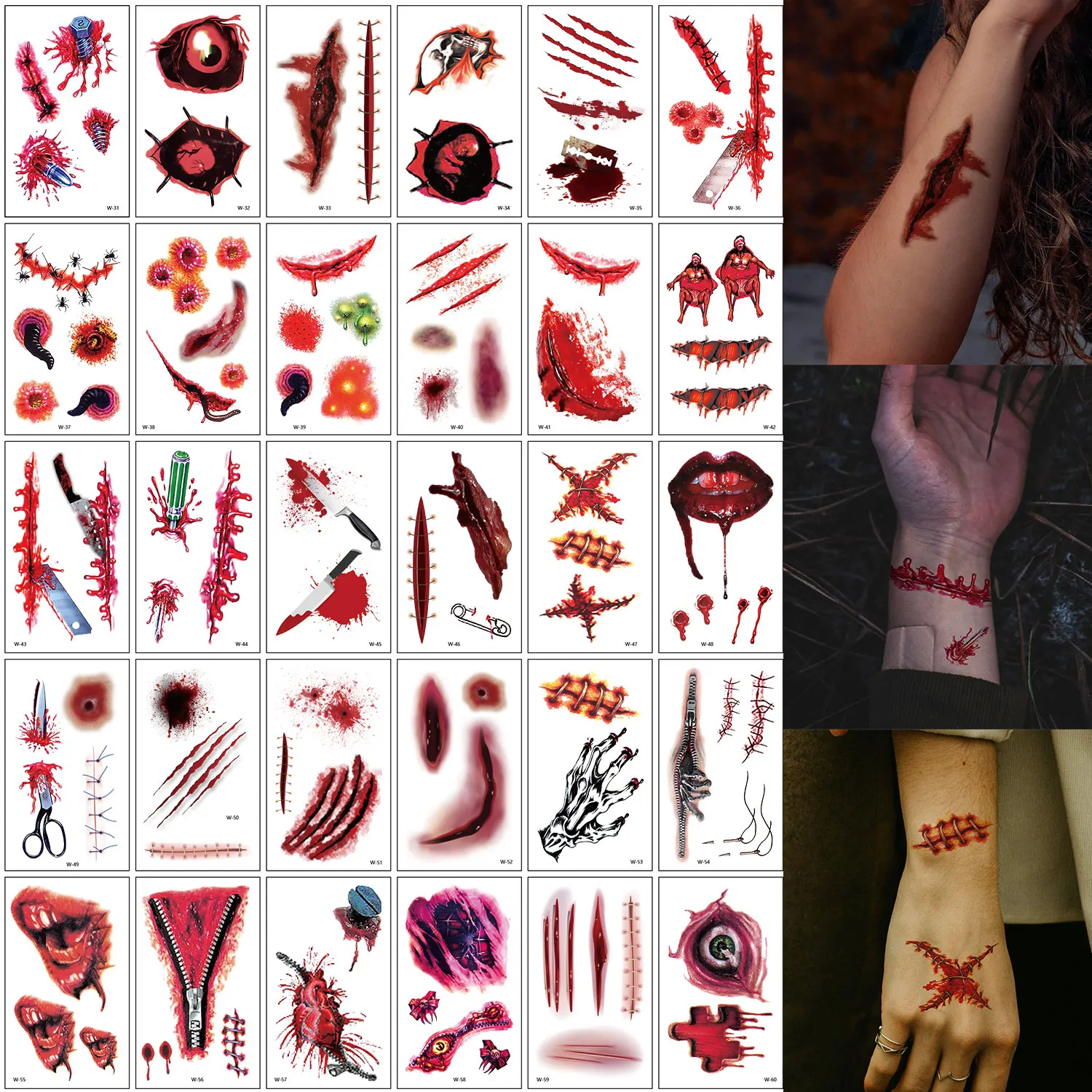 30 Sheets, Halloween Horror Bloody Scar Themed Temporary Tattoo Stickers, 95 Scar Wound Bloodstain Patterns, Waterproof and Realistic, Suitable for Halloween Parties, Vampire Role-Playing, Temporary Makeup