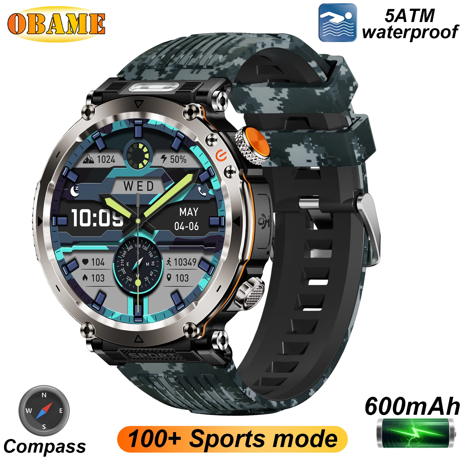 5ATM Outdoor Smart Watch Men 600mAh LED Flashlight SmartWatch Compass Bluetooth call Heart rate IP 68 Sports Smartwatch 2025 New