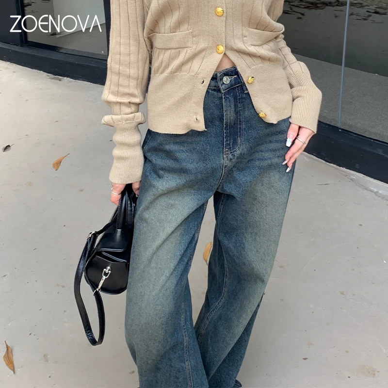 ZOENOVA Spring New Retro Washed Wide Leg Pants Women Fashion Jeans Office Lady Elegant High Waist Straight Versatile Denim Pant