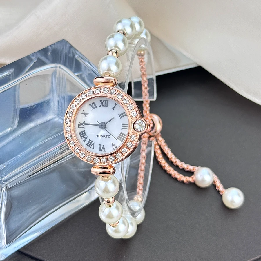 

Ladies' diamond-encrusted Roman numeral dial white bead bracelet,fashionable versatile small exquisite quartz watch for women