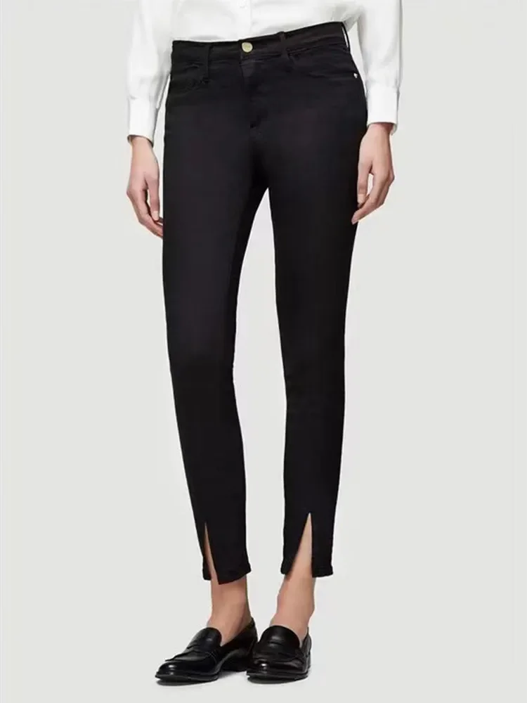 Pantalon en jean extensible noir pour femme – Conception de fermeture éclair fendue à taille moyenne, jean crayon longueur cheville pour dames