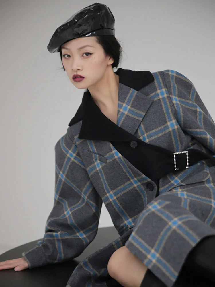 YERMORA Gray Plaid Buckle Big Size Elegant Woolen Coat New Lapel Long Sleeve Women Jacket Fashion Tide Autumn Winter 2024