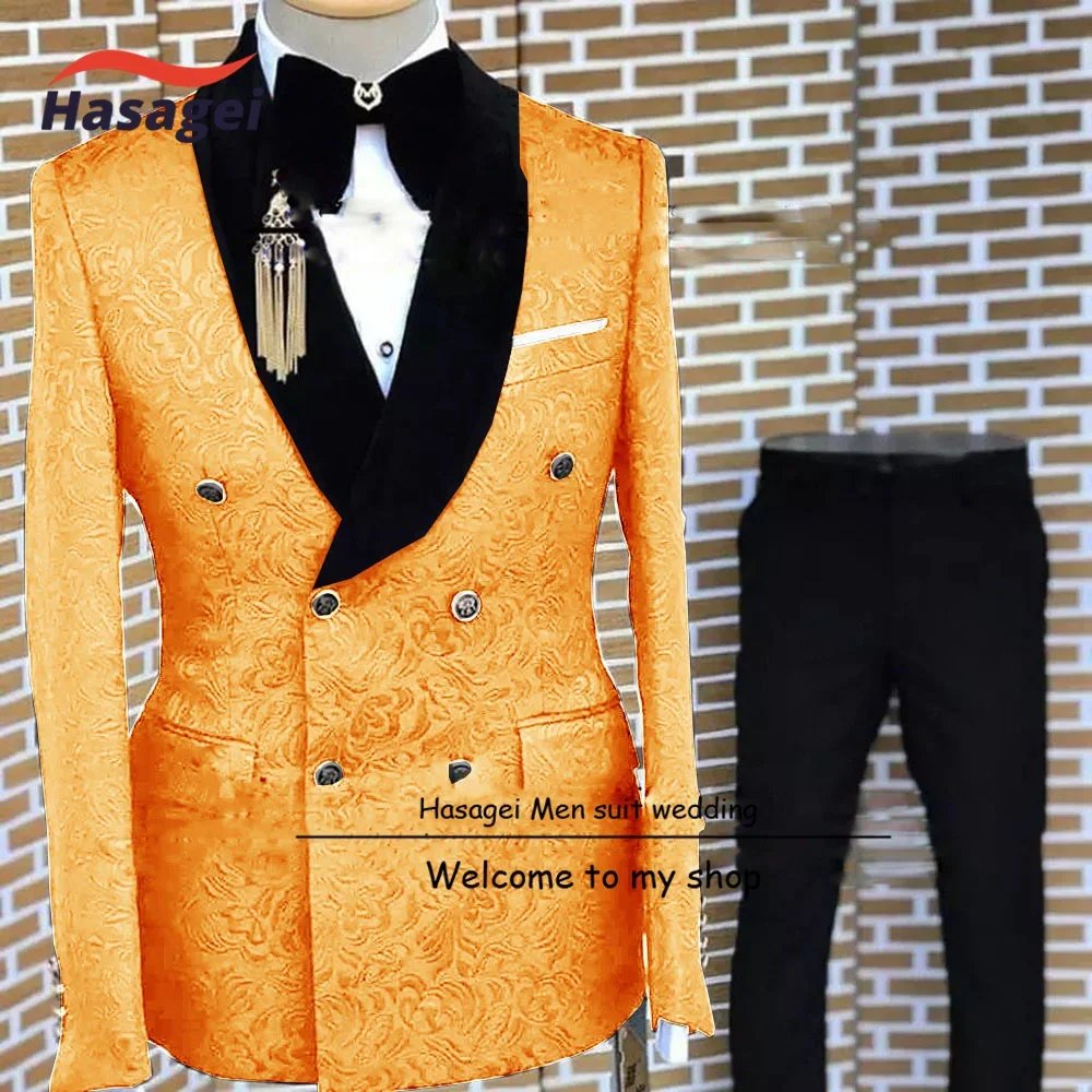 Traje de esmoquin de boda para hombre, chaqueta Floral de novio, pantalones, Blazer de doble botonadura, traje de fiesta Formal, paquete de 2