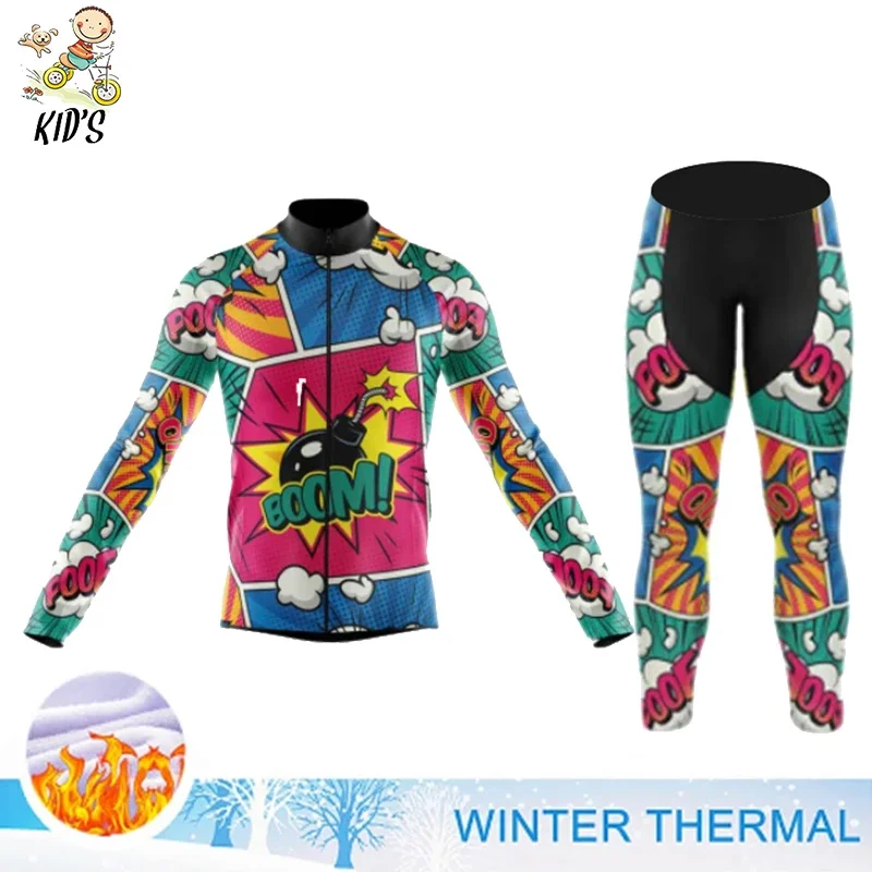 2022 Kids Cartoon Cycling Jersey Set Winter Thermal Fleece Boys Girls Bike Clothing Road Bike Suit MTB Children Maillot Ciclismo