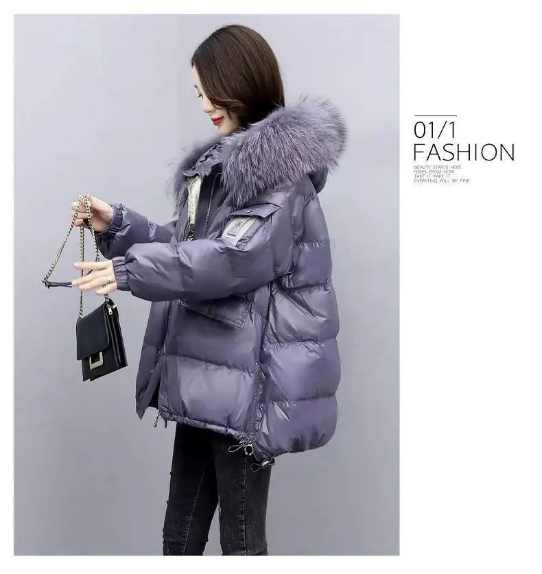 2026 Winter New Warm Down Cotton Jacket With Large Fur Collar Hooded Coat Loose Women Thicken Parker Puffer Overcoat Casual Wear