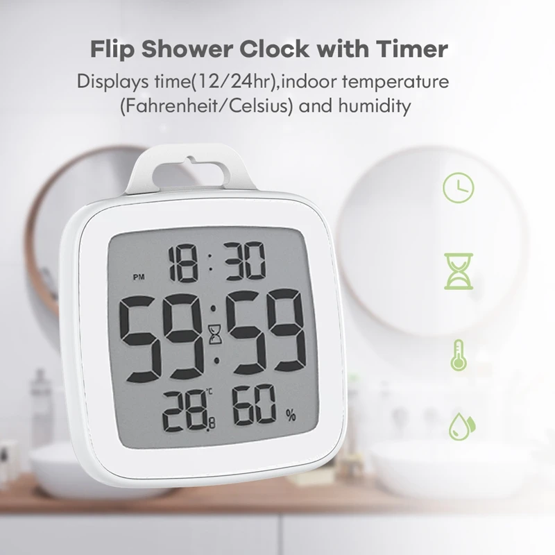 BALDR LCD Screen Waterproof Digital Bathroom Wall Clock Temperature Humidity Meter Countdown Time Flip Shower Clocks With Timer