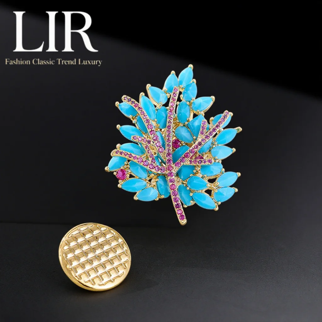 بروش أوراق القيقب للسيدات من LIR: مرصع باللون الفيروزي، مشبك مغناطيسي، مضاد للتعرض، إكسسوار أزياء أزرق/برتقالي بلونين