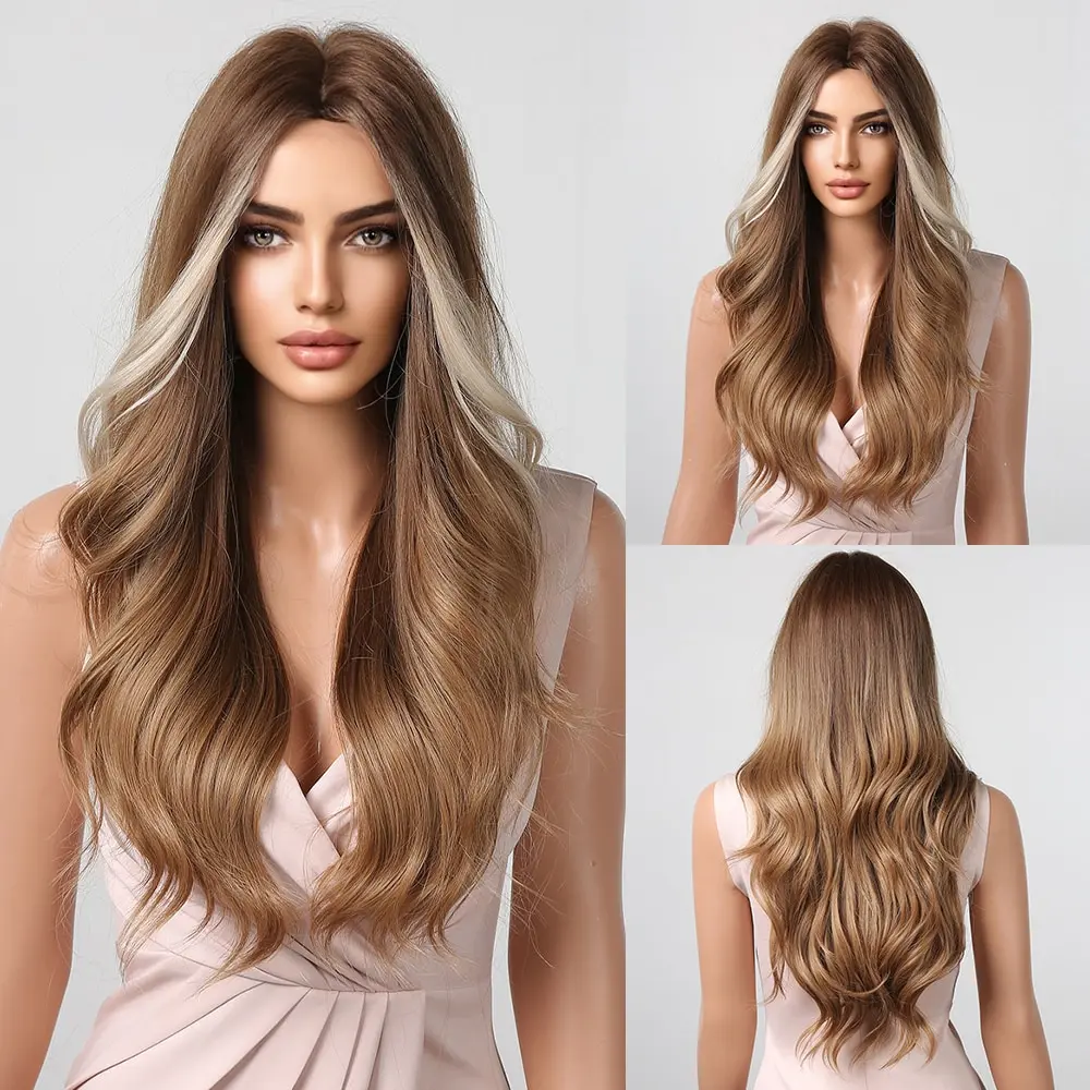 Lange Golvende Pruiken Wit Blonde Bruine Wortels Synthetische Natuurlijke Golf Haar Cosplay Pruiken Voor Vrouwen Hoge Temperatuur Vezel Middendeel