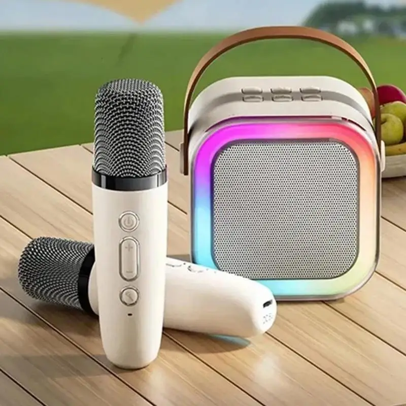 

Mini Home Wireless Speaker Karaoke Machine Family Singing Portable With 2 Microphones Colorful LED Lights Voice Box