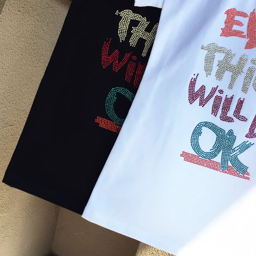 Summer Style Hot Drilling T-shirt Women Short Sleeve Jewelry Letter Printed Tshirt Lady Casual Cotton Tops Female Oversized Tees