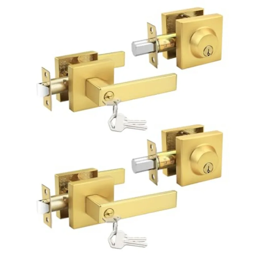 

Brushed Gold Keyed Alike Front/Exterior Door Lever with Single Cylinder Deadbolt, Satin Brass Knob Lock Set Combo Sets, for Ent