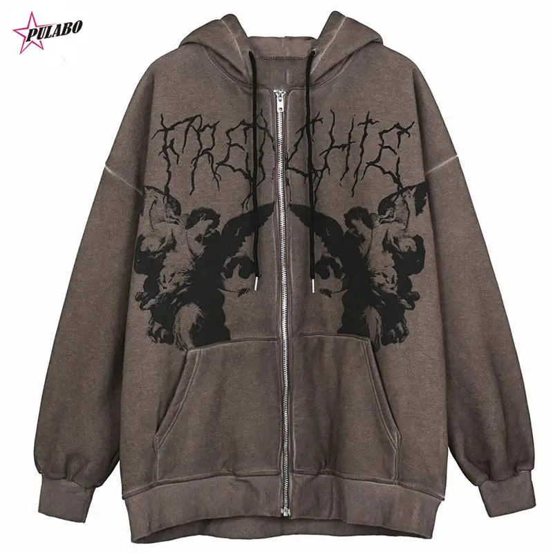 Women Hip Hop Streetwear Hoodies Women Jacket Angel Dark Print Jacket Coat Goth Harajuku Y2k Clothes Punk Jacket Outwear Zipp