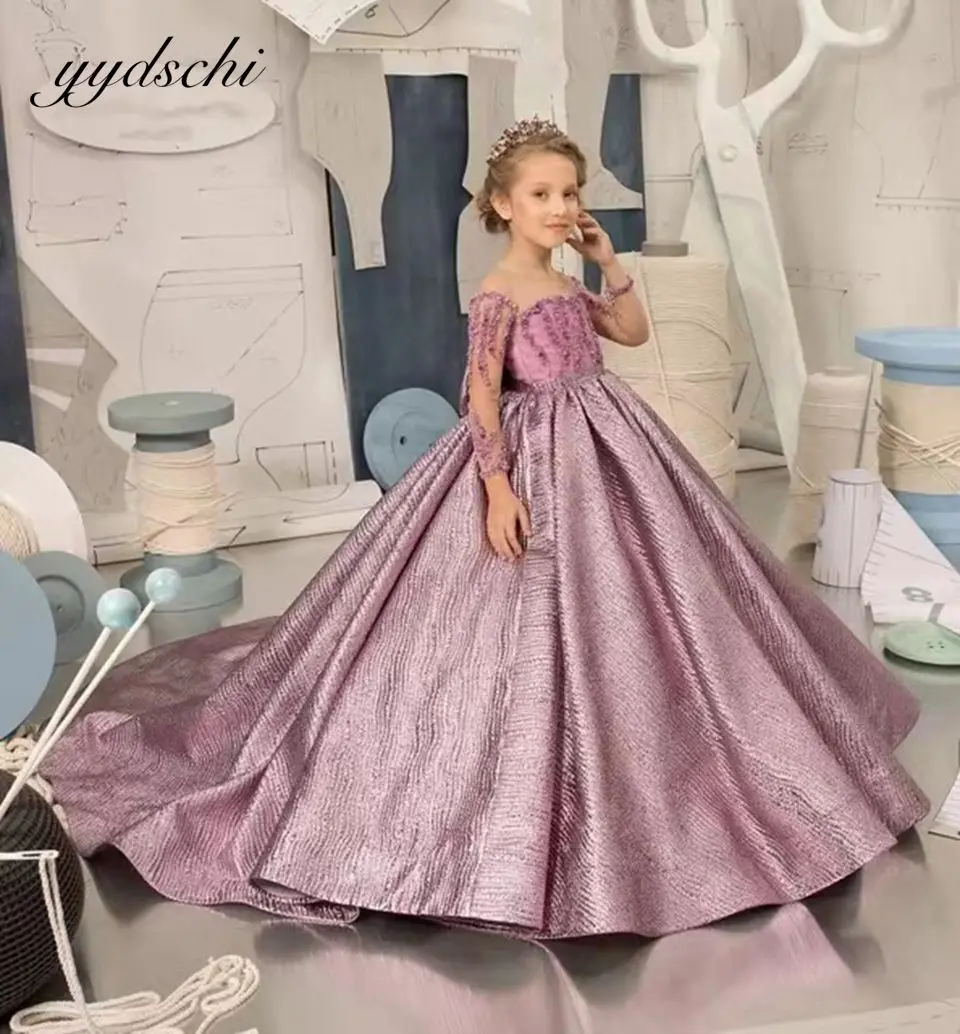 

Luxury Flower Girl Dress for Wedding Purple Off the Shoulder Long Sleeve Beading Princess Ball Gown Train Birthday Party Dress