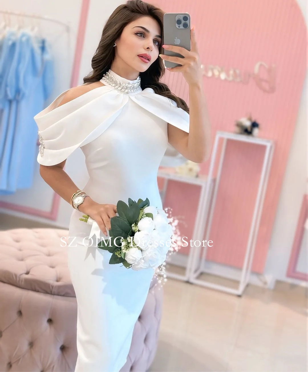 

OIMG Dubai Mordern High Neck Cap Sleeves Mermaid Prom Dresses Evening Dress Satin Crystal Women Evening Gowns Formal Party Dress