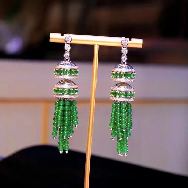 Green Zircon Tassel Earrings For Women Fine Jewelry Luxury Party Elegant 925Sterling Silver With Cubic Zircon Free Shipping