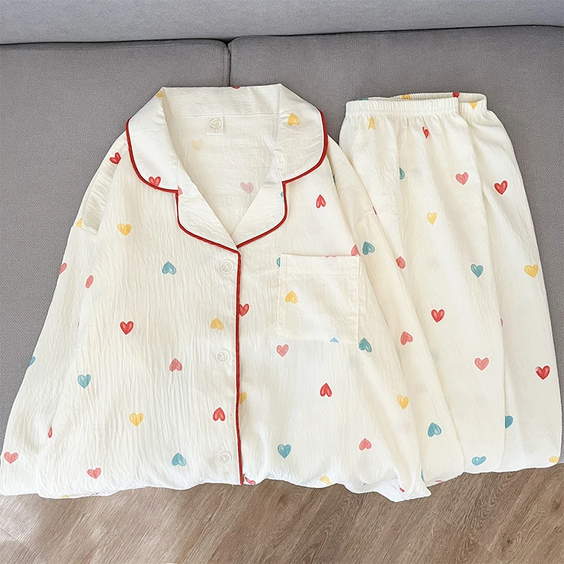 

Французский эстетический модный женский пижамный комплект Y2K с красочным принтом любви, одежда для сна из 2 предметов, новая повседневная пижама весны 2025 года для женщин