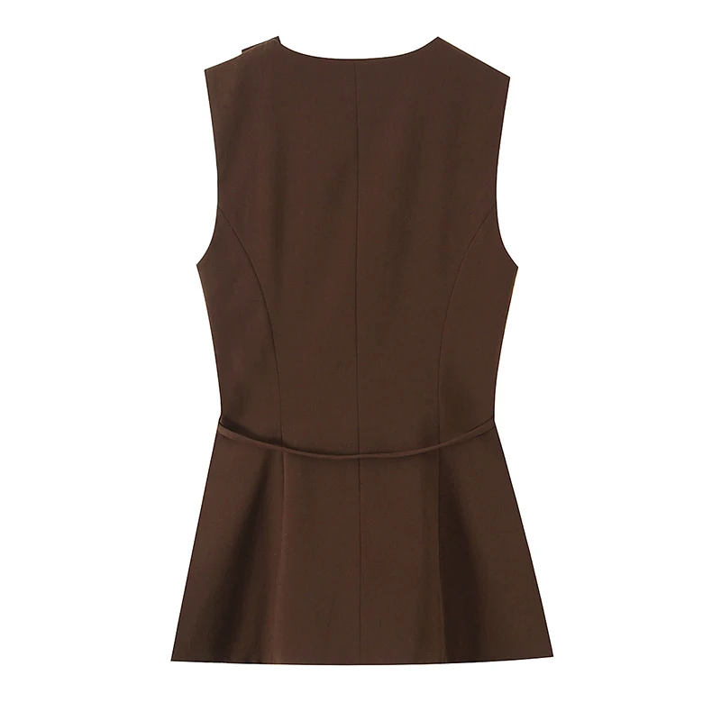 YENKYE New 2026 Women Brown O Neck Sleeveless With Belt Wrap Vest High Street Elegant Tops