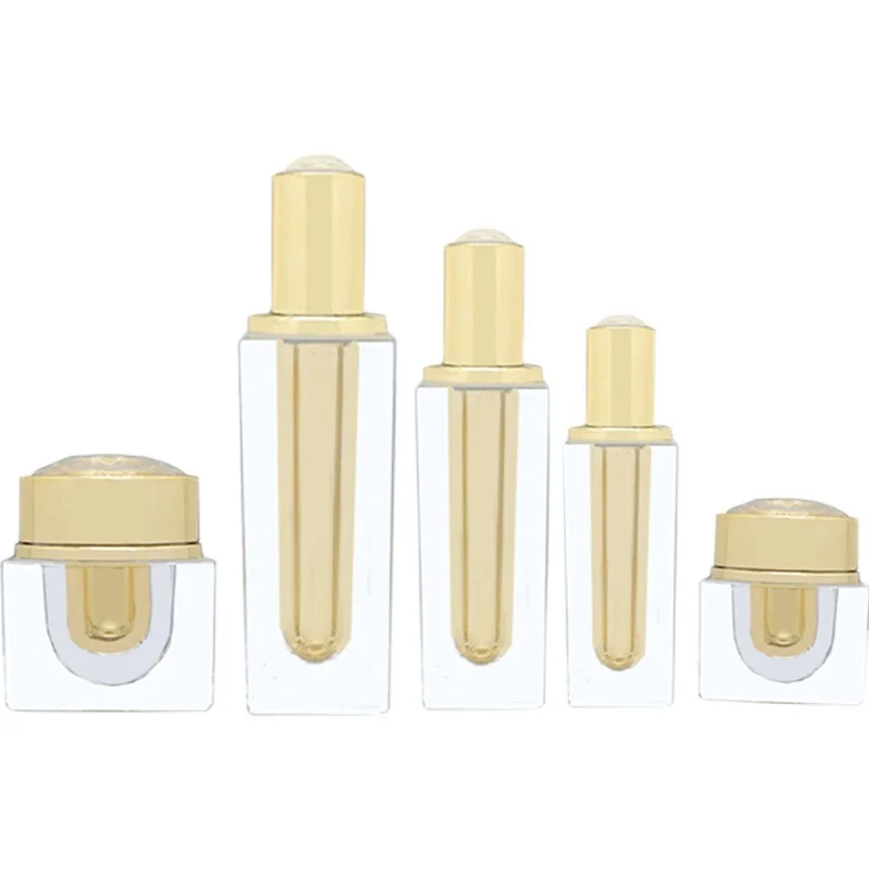 

High Grade 30/50/100/120ml Emulsion Lotion Pump Bottles Gold Square 15/30/50G Eye Face Cream Jars Acrylic Perfume Spray Bottles