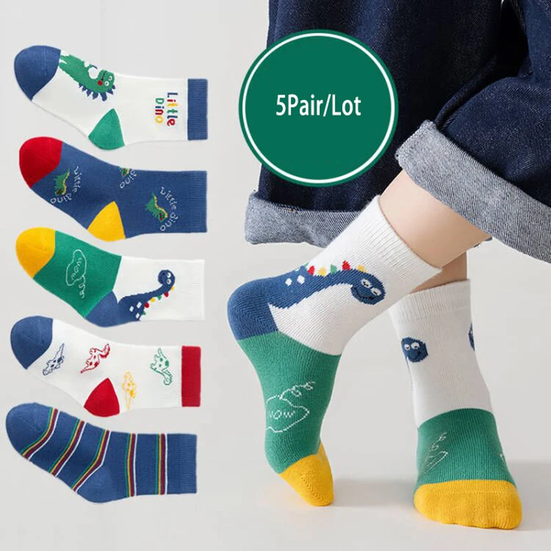 5Pairs Kid Boy Socks Children Sport Soft Cotton Sock Cartoon Dinosaur Toddler Mid Tube Sock Baby Girl Casual Outdoor Socks A1389