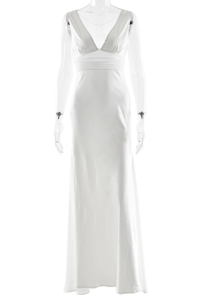 Julissa mo cetim sexy com decote em v pérola corrente feminino maxi vestido cinta de espaguete vestido de cintura alta inverno fino elegante clube vestido de festa