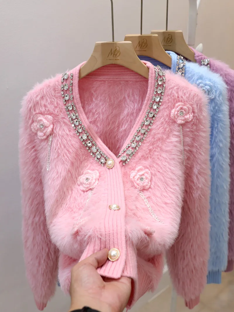 

Женский свитер из меха норки с объемным цветком, осенний милый нежный мягкий вязаный кардиган, уменьшающий возраст
