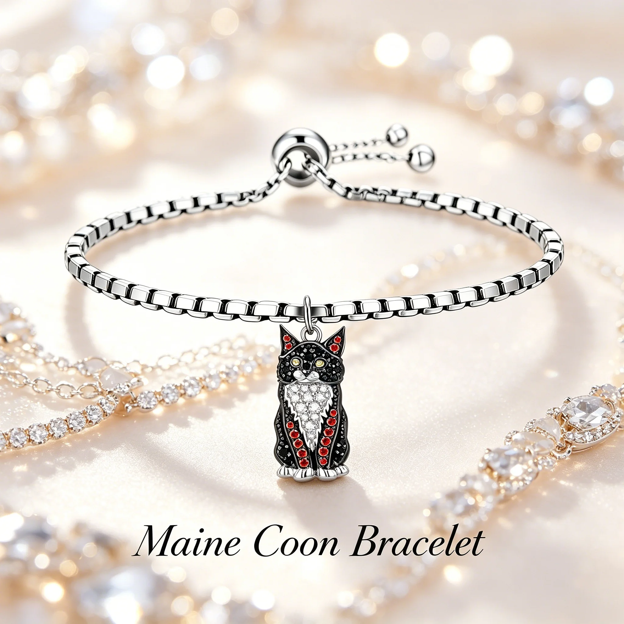 Silvery Zinc Alloy Maine Coon Cat Adjustable Bracelet Red & Clear Faux Crystal Cat Lover Pet Jewelry Gift
