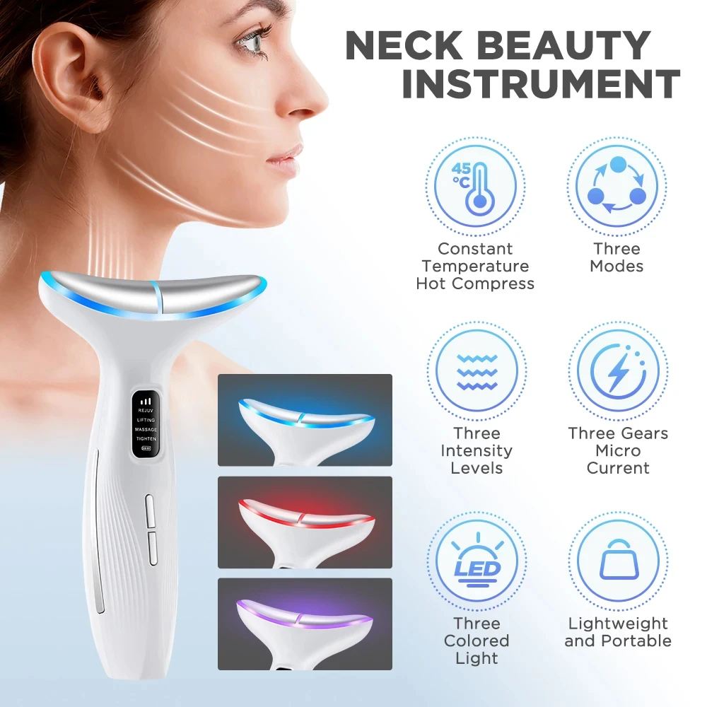 3Color LED Neck&Face Jawline Massager Microcurrent Skin Tightening Hot Compress Anti Aging Wrinkle Lifting Skin Care Beauty Tool