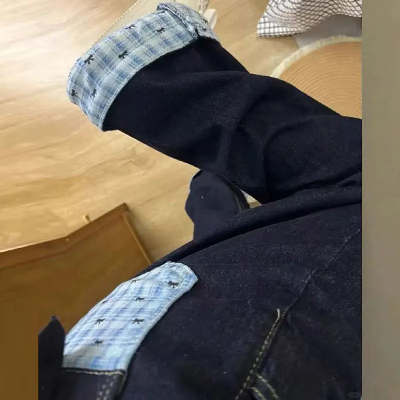 아메리칸 하이 스트리트 디자인 격자 무늬 패치 워크 여성 청바지 봄 새로운 느슨한 스트레이트 레그 와이드 레그 바닥 길이 바지