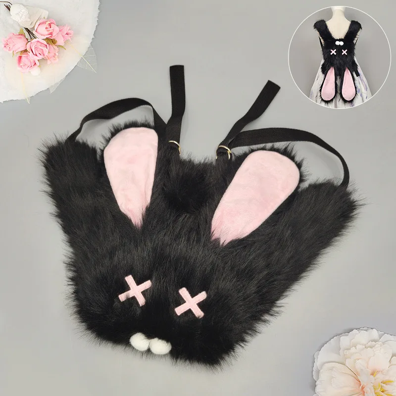 Dark Punk Rabbit Ears Backpack Y2K Fuzzy Bunny Bag with Fluffy Ears for Subculture Streetwear & Goth Fashion