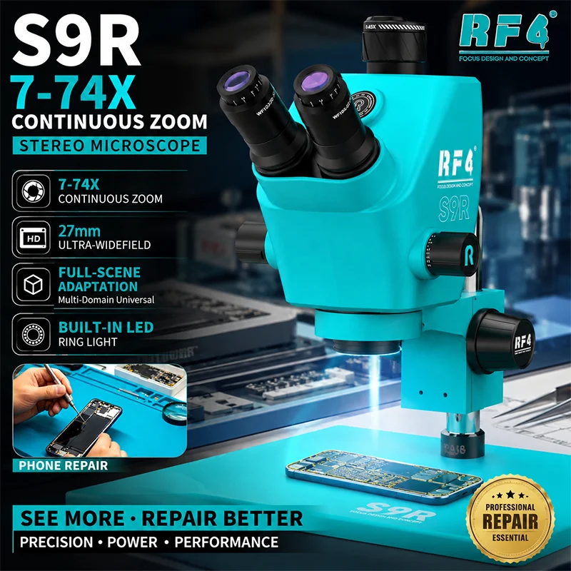 RF4 S9R Ultra-wide High Power Microscope 7-74X Continuous Zoom