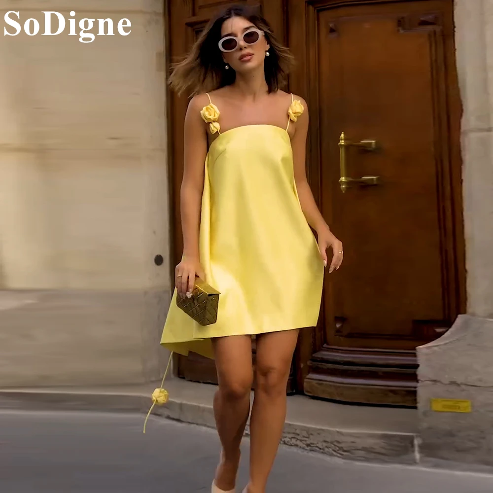 Sodigne sexy amarelo curto vestidos de baile a linha flores cinta espaguete sem costas festa mini vestido banquete cocktail personalizado