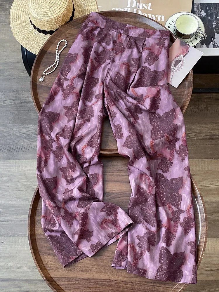 French Style Women Summer Retro Jacquard Wide Leg Pant Fashion Casual Straight Long Pants Loose Elastic Waist Trousers Female