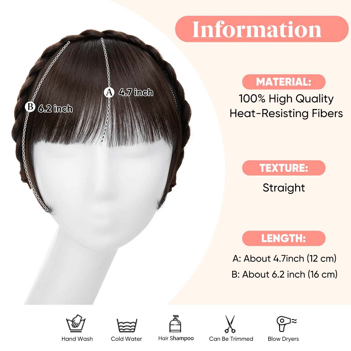 Natural Synthetic Headband Bangs Extension Fake Hair Blunt Fringe with Long Sides Daily Use Brown Blonde Hairpiece For Women