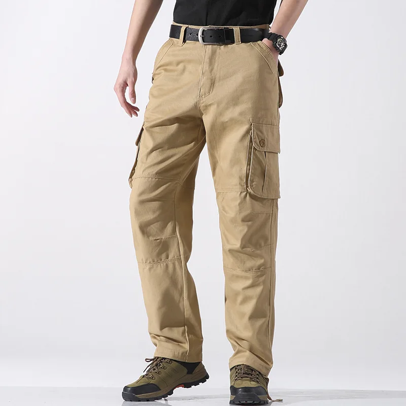 Men's Cotton Cargo Pants Loose Straight Multi-Pocket Casual Work Trousers Spring Autumn Wear Resistant Streetwear
