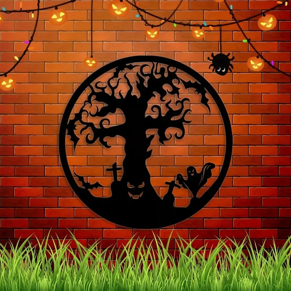 Spooky Metal Halloween Tree Wall Hanging Ornament - Black Iron Art for Home and Living Area Decoration