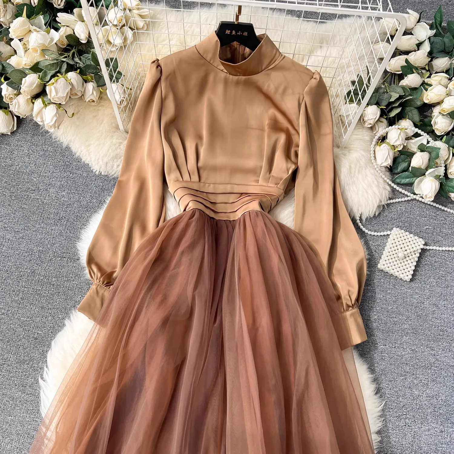 High Quality Women Spring Autumn Stand Collar Long Sleeve Mesh Patchwork Casual Party Fashion Elegant Holiday Dresses