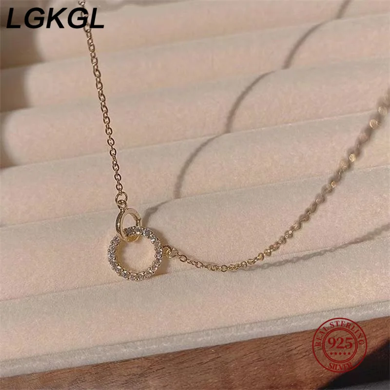 LGKGL 925 Sterling Silver Blue Ocean Hollow Round Zircon Pendant Necklace for Women Fashion Simple Wedding Choker Jewelry Gift