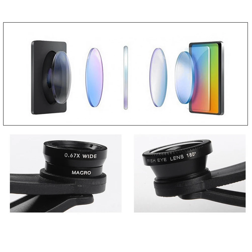 Lensa Ponsel 3 in 1 Clip On 180 °   Lensa Mata Ikan+0.67X Sudut Lebar+ Lensa Makro Klip Kit Lensa Kamera untuk Smartphone
