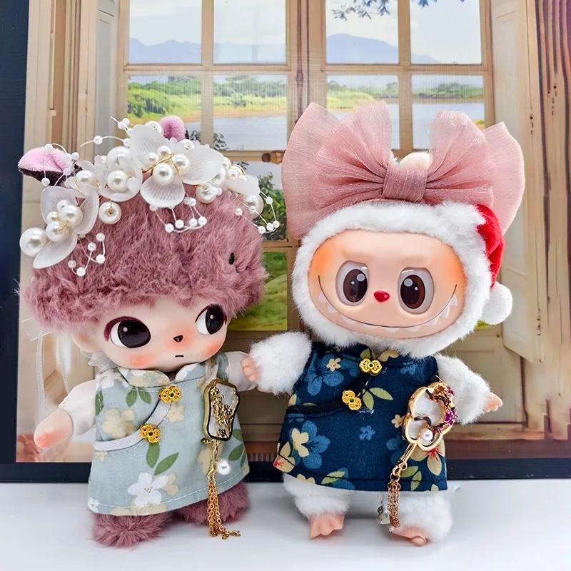 Nieuwe stijl Qipao-jurk voor 17 cm Labubu-poppen, traditionele Cheongsam-outfit met borduurwerk voor vinylkunstspeelgoedcollectie