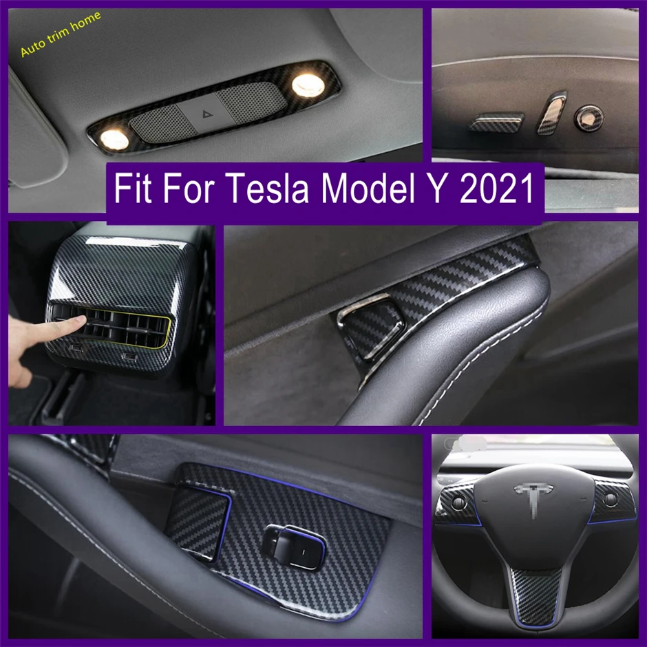 

Car Accessories Glass Lift Button / Steering Wheel / Rear Air AC Panel Cover Trim For Tesla Model Y 2021 2022 Carbon Fiber Look