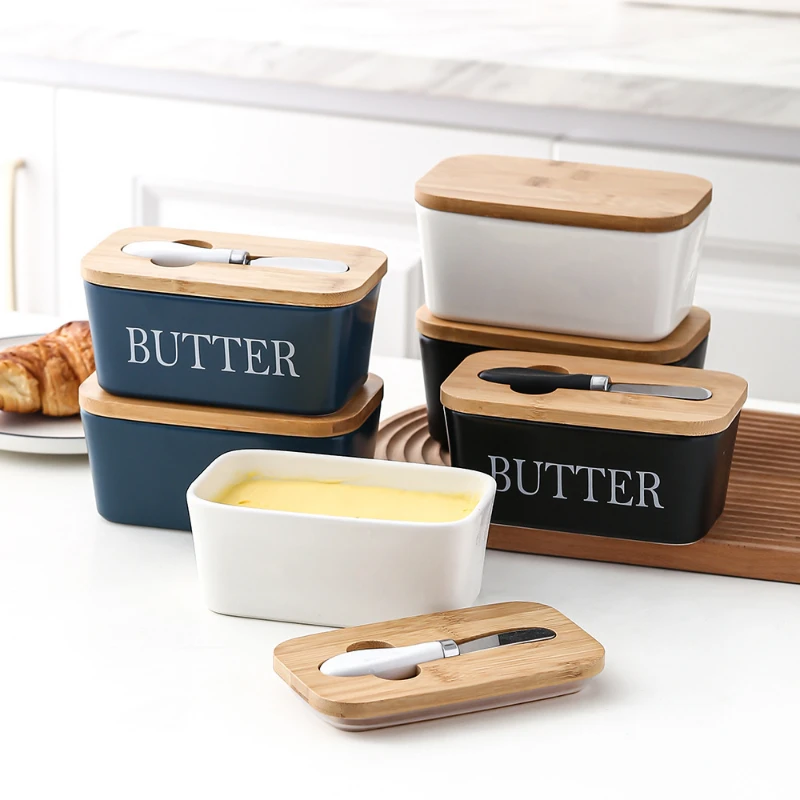 

Butter Container Ceramic Box with Knife Flat Lid Restaurant Sealed Storage Box Cheese Box Butter Slicer Butter Dish Tableware